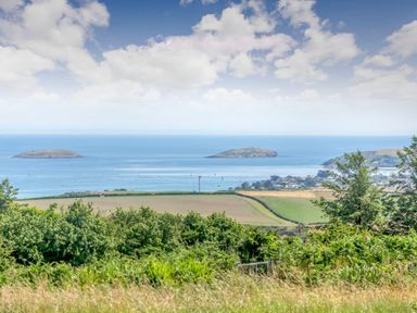A coastal landscape with green fields trees and two islands in the sea at Cae Berllan in Mynytho near Pwllheli