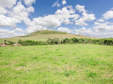 A green grassy field with bushes and a hill under a partly cloudy sky at Cae Berllan in Mynytho near Pwllheli