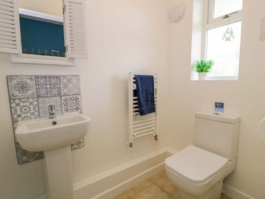 A bathroom with sink, toilet, and radiator at Cae Berllan Mynytho near Pwllheli