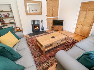 A living room with two sofas a wooden coffee table a rug a fireplace a television and a bookshelf at Widgeons Keel in Flushing