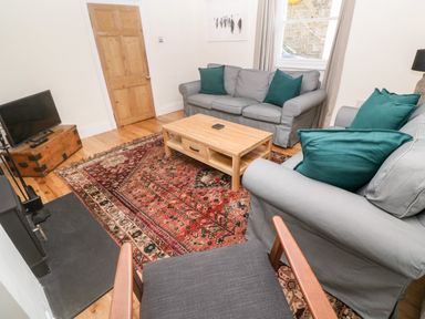 A living room with two gray sofas with green cushions a wooden coffee table a patterned rug a television on a wooden chest and a wooden door at Widgeons Keel in Flushing