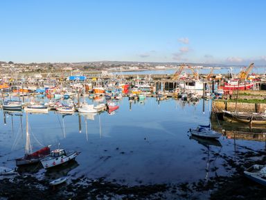 A harbor filled with various boats and fishing vessels near a town at The Little Net Loft in Mousehole near Penzance