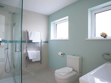A bathroom with a glass shower, towel rack, toilet, and two windows at The White House in Polzeath