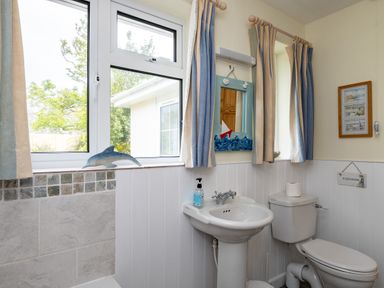 A bathroom with a pedestal sink toilet curtains and a window with a dolphin decoration at Pencreek Rock