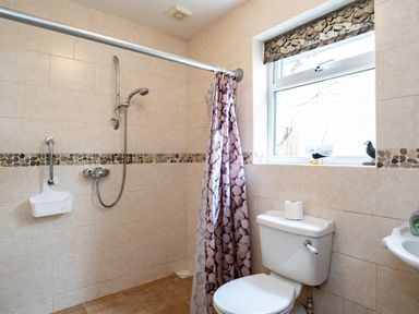 A bathroom with a tiled shower area a shower curtain a toilet with a roll of toilet paper and a window above it at Pencreek in Rock