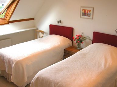 A bedroom with two single beds with red headboards a wooden chair a side table with flowers a skylight window and a painting on the wall at Rosevallen in Daymer Bay