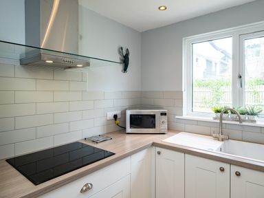 A kitchen corner with an electric stove, stainless steel microwave, sink under a window, and light-colored cabinets at Slipway 15 in Rock