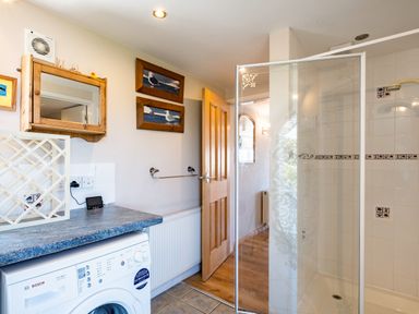 A bathroom with a washing machine a glass shower enclosure a wooden door and framed bird pictures at Little Belz in Polzeath