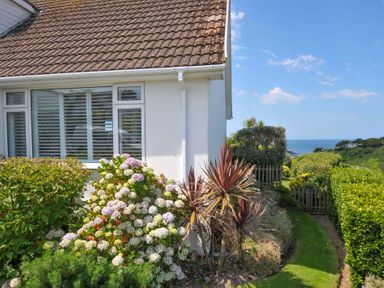 A garden with plants and a view of the sea at Sunset in Polzeath
