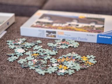 Puzzle pieces scattered on a fabric surface with a Ravensburger puzzle box in the background at Cogenhoe Rock