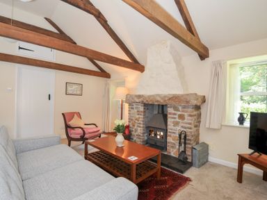 A living room with a fireplace and sofa at Mill Pond in Rock