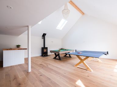 A game room with a pool table a ping pong table a wood stove and a counter with a plant at Treverden in Polzeath