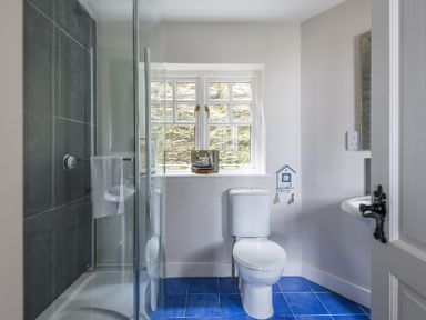 A bathroom with a toilet a shower with glass door blue floor tiles and a window at Folly 2 in Port Isaac