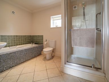 A bathroom with a bathtub tiled in green and black squares a toilet and a shower cubicle with a towel on the door at Worthy House in Daymer Bay