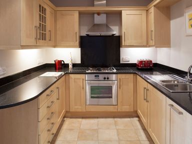 A kitchen with wooden cabinets black countertops stainless steel oven and appliances at Lowenna Manor 4 Rock