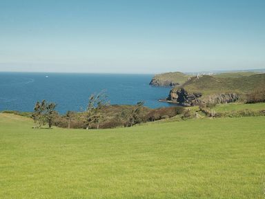 A coastal landscape with green fields, trees, cliffs, and the sea at Ossco Polzeath