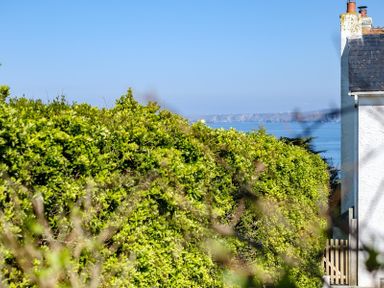 Green bushes with a partial view of a white house and coastline in the distance at The Folly in Port Isaac