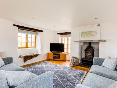A living room with two sofas a television on a wooden stand a fireplace and two windows at Dingles Cottage in Rock