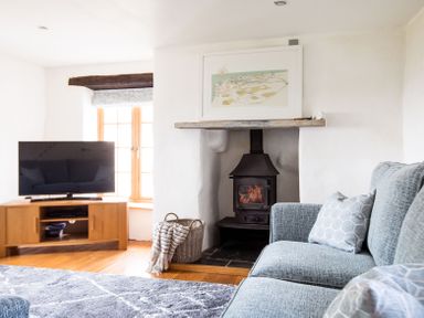 A living room with a wood burning stove a television on a wooden stand a basket with a blanket and a blue sofa at Dingles Cottage in Rock