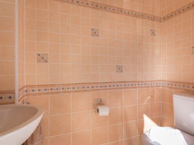 A bathroom with a toilet sink and tiled walls at Polmorla in Polzeath