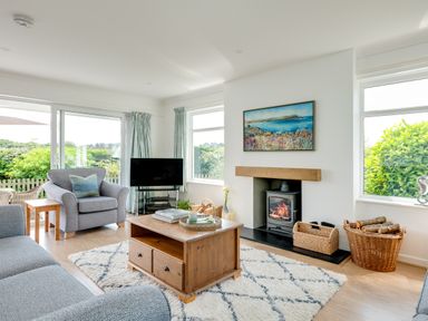 A living room with grey sofas a wooden coffee table and a fireplace with baskets at Tremay in Rock