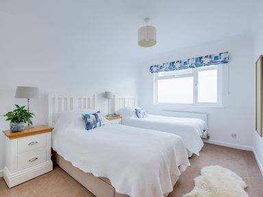 A bedroom with two single beds white bedding and bedside tables with lamps and a plant at Tremay Rock