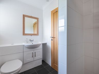 A bathroom with a toilet sink mirror and wooden door at Tremay in Rock