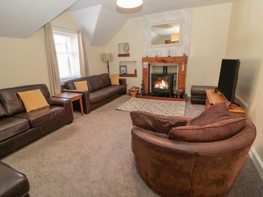 A living room with brown leather sofas a rug and a fireplace at Cheviot Hills in Wooler
