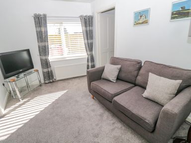 A living room with a grey sofa a television on a glass stand and a window with grey curtains at Cheviot Hills in Wooler