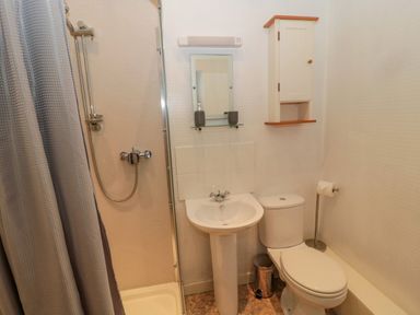 A bathroom with a shower area, pedestal sink, toilet, wall cabinet, mirror, and toilet paper holder at Cheviot Hills in Wooler