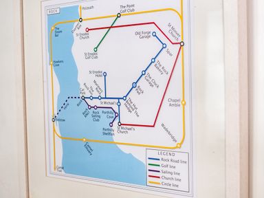 A wall map showing bus routes and stops in Rock with lines for Rock Road, Golf, Sailing, Church, and Circle lines at St Michaels in Rock