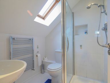 A bathroom with a white sink toilet shower enclosure and a heated towel rail under a skylight window at Pendaveli Polzeath
