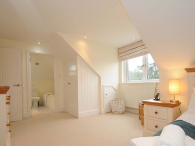 A bedroom with a bedside table lamp chair and window showing greenery at Pendaveli in Polzeath