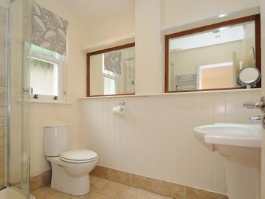 A bathroom with a toilet sink shower and two mirrors at Pendaveli in Polzeath