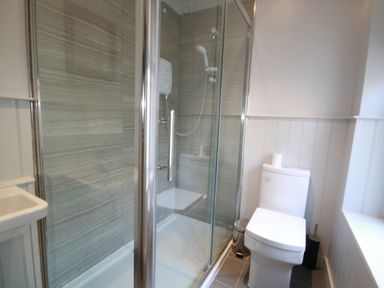 A bathroom with a glass shower enclosure a toilet and a small sink at Westray House in Polzeath