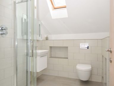 A bathroom with a shower, toilet, and sink at Stepper Point in Polzeath