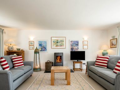 A living room with two grey sofas with striped pillows a fireplace and a television at Drifters in Rock
