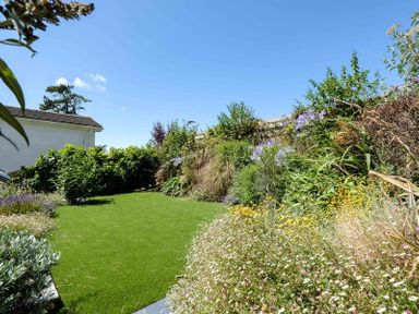 A garden with green grass and various bushes and flowers at Drifters in Rock
