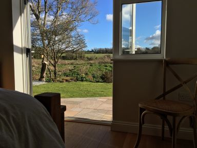 A room with a wooden chair and bed looking out to a garden with a tree and grass at Chy-An-Dowr in Rock