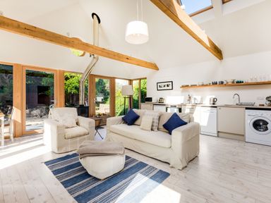 An open living room and kitchen area with wooden beams a sofa armchair and ottoman on a blue rug and built-in kitchen appliances at Greystones Studio in Daymer Bay