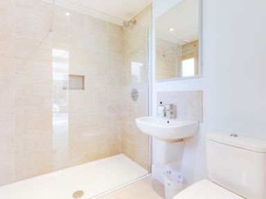 A bathroom with a walk in shower sink with a mirror above and a toilet at Greystones Studio in Daymer Bay