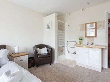 A bedroom with a bed a bedside table and lamp a leather chair a sink with mirror and a shower at Fairholme in Port Isaac