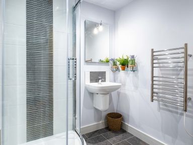 A bathroom with a shower enclosure a wall-mounted sink a mirror plants on a glass shelf and a towel radiator at The Hideaway in Port Isaac