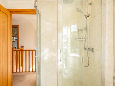 A shower enclosure with glass doors and a chrome showerhead beside a wooden door and railing at Trevan House Lundy in Polzeath