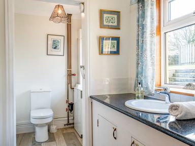 A bathroom with a toilet and sink countertop with a faucet and hand soap at Trevan House Lundy in Polzeath