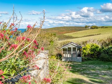 A garden with a small shed flowers on a stone wall and hills in the background at Trevan House Lundy Polzeath