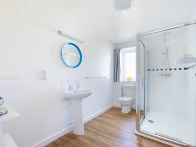 A bathroom with a shower, toilet, sink, round mirror with blue frame, and wooden floor at Windyhill in Polzeath