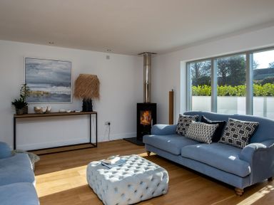 A living room with blue sofas a tufted ottoman a wood stove and a console table with plants and artwork at Seastar Rock