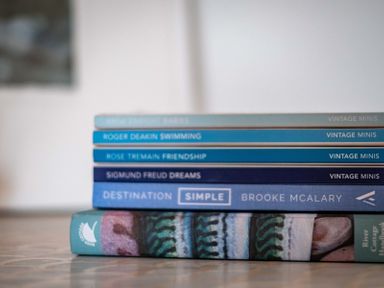 A close up of a stack of blue and green books on a wooden surface