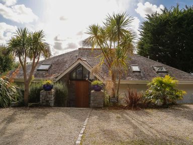 A house with a sloped roof surrounded by trees and plants at Camel Point in Rock